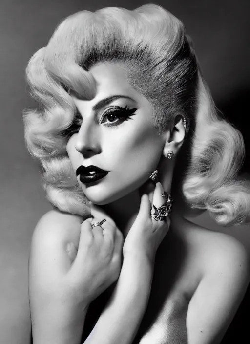 Prompt: lady gaga styled by george hurrell, old hollywood, vintage, photohoot, set pieces, intricate set, canon, highly realistic. high resolution. highly detailed. dramatic. 8 k. 4 k.