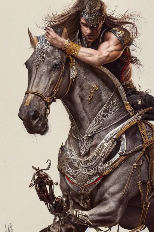 Image similar to 3 quarter view photography portrait of a prince stalion horse , organed, tatooed, intricate details, muscles, elegant, divine, illustrated by greg rutkowski and Akira Saito and Peter mohrbacher, 4k,