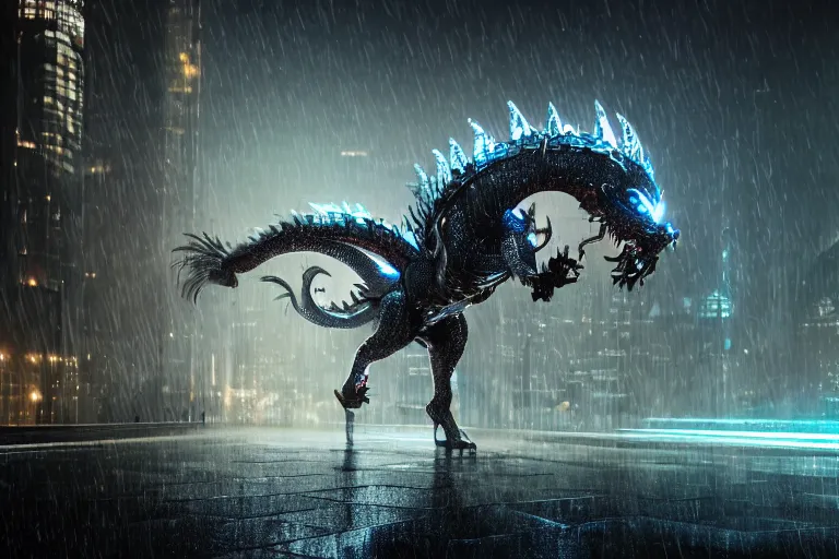 Image similar to cinematic telephoto shot of a silver cybernectic chinese dragon in the rain, midnight city lights, strong bokeh, dramatic lighting, unreal engine, cgsociety, artstation, 4k