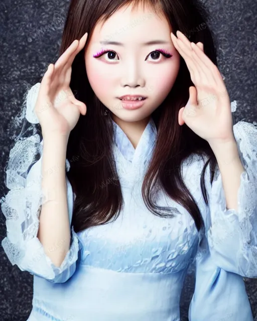 Prompt: Pretty little Chinese girl with big eyes and double eyelids in fashionable dress