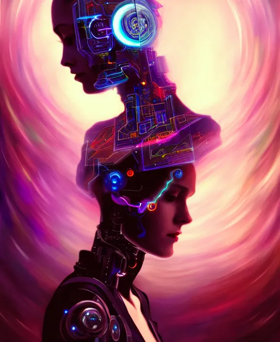 Image similar to a whirlwind of souls rushing inside the metaverse, hologram, half body, neurochip, shaved temple, piercing, jewelry, android, cyborg, cyberpunk face, by loish, d & d, fantasy, intricate, elegant, highly detailed, colorful, digital painting, artstation, concept art, art by artgerm and greg rutkowski and alphonse mucha