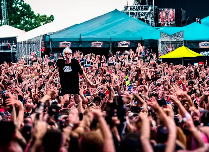 Image similar to photo still of richard belzer on stage at vans warped tour!!!!!!!! at age 3 3 years old 3 3 years of age!!!!!!!! stage diving into the crowd, 8 k, 8 5 mm f 1. 8, studio lighting, rim light, right side key light