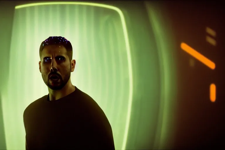 Image similar to a large digital hologram of a screaming face suspended in the air, photography by fred palacio medium full shot still from bladerunner 2 0 4 9, sci fi, bladerunner, canon eos r 3, f / 3, iso 2 0 0, 1 / 1 6 0 s, 8 k, raw, unedited