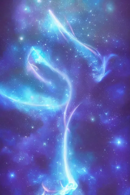 Image similar to Ethereal blue fire dolphins flying through a nebula, Sirius star system, star dust, cosmic, magical, shiny, glow,cosmos, galaxies, stars, outer space, stunning, by andreas rocha and john howe, and Martin Johnson Heade, featured on artstation, featured on behance, golden ratio, ultrawide angle, hyper detailed, photorealistic, epic composition, wide angle, f32, well composed, UE5, 8k