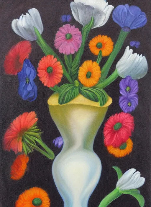 Image similar to a painting of a vase with flowers in it, a surrealist painting by Bridget Bate Tichenor, featured on deviantart, metaphysical painting, oil on canvas, acrylic art, airbrush art