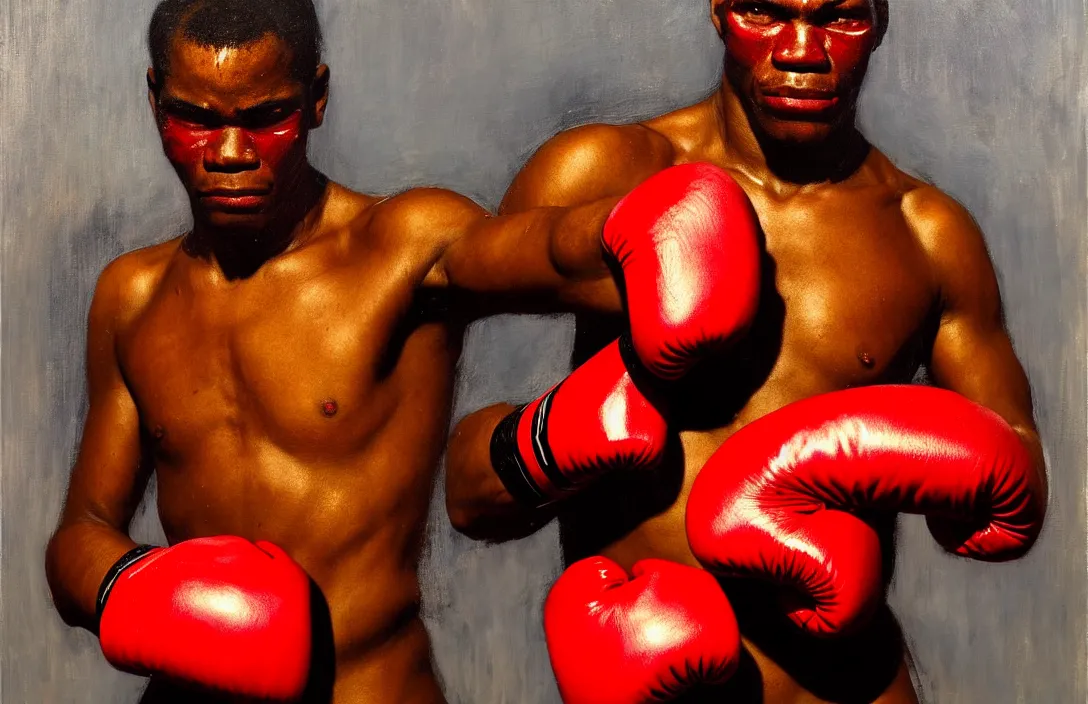 Prompt: an african american boxer with red boxing gloves!!!!!!!!!!!!!!!!!!!!!!!!!!!, detailed face, detailed painting, epic lighting, by ilya repin, phil hale and kent williams