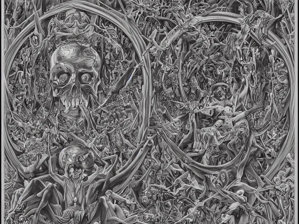 Image similar to meditation on death by Alex Grey and M. C. Escher collaboration