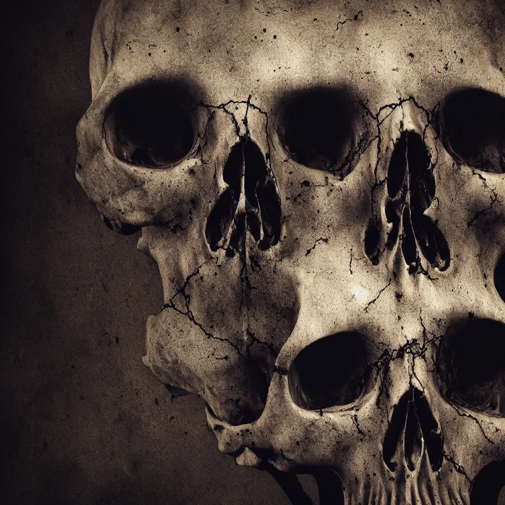 Image similar to creepy skull, central composition, dark and mysterious, atmospheric, cinematic, 4k, ultra detail, ultra realistic