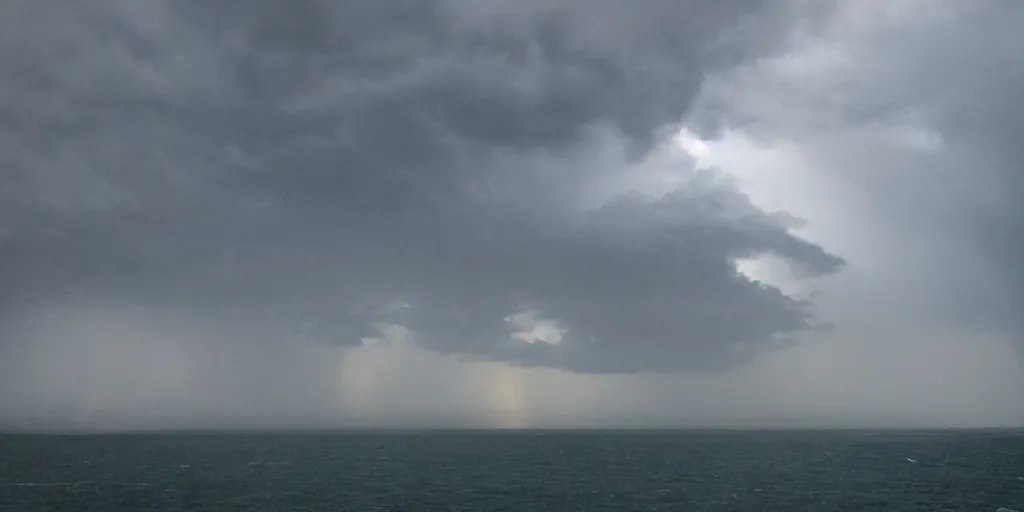 Image similar to the view from the sea of a town on the hill, rain and thunderstorm