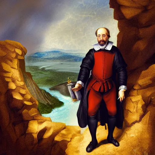 Prompt: shakespeare holding the ten commandments on top of a mountain, digital art