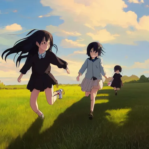 Image similar to beautiful, detailed digital painting of two black-haired children running through a field, sunny, anime by Makoto Shinkai, trending on artstation