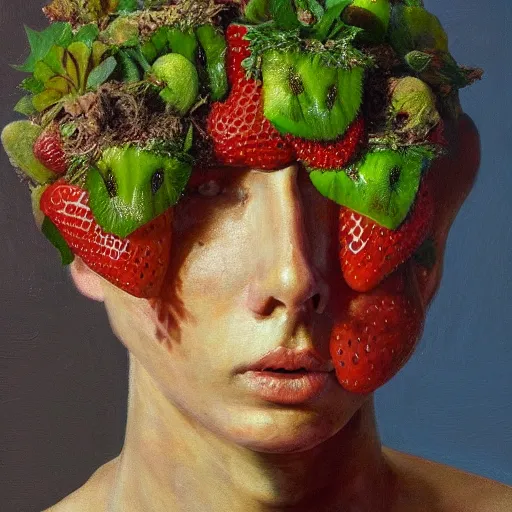 Image similar to a sculpture portrait made of kiwi and strawberries and mud and plants, painting part by wojciech siudmak, part by ilya repin, part by max ernst, part by norman rockwell, artstation