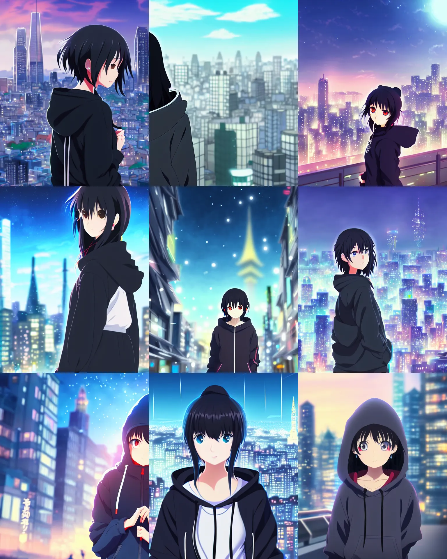 Prompt: black haired girl wearing hoodie, city cityscape, anime epic artwork, kyoto animation, key visual, 4 k