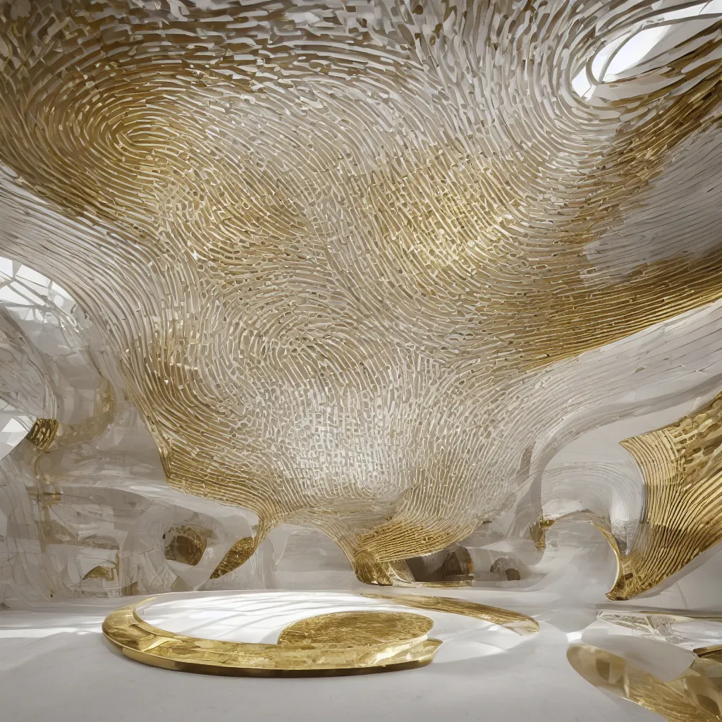 Image similar to an incredibly smooth curvilinear modern baroque interior architectural sculpture, a golden pool on the ground is envelope by folding white surfaces, visually satisfying architecture render, aesthetically pleasing