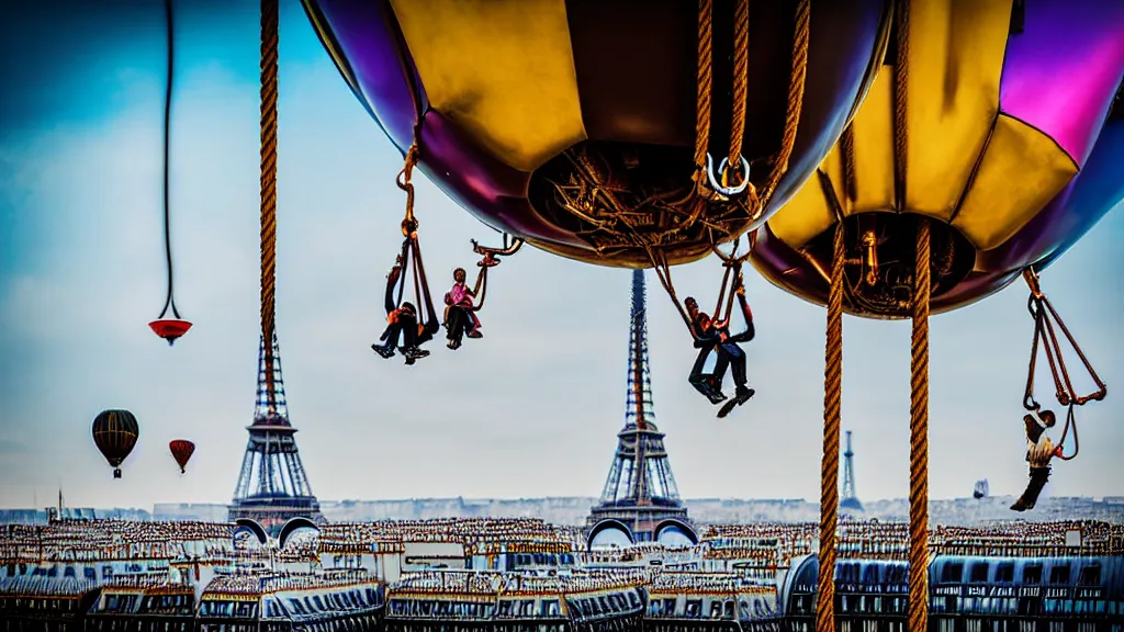 Image similar to large colorful futuristic space age metallic steampunk steam - powered balloons with pipework and electrical wiring around the outside, and people on rope swings underneath, flying high over the beautiful paris city landscape, professional photography, 8 0 mm telephoto lens, realistic, detailed, photorealistic, photojournalism