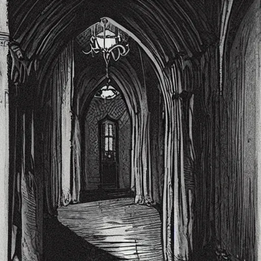 Image similar to Interior shot of a vampire's manor, inside of a hallway with large ominous windows. Dark Fantasy, Film Noir, Black and White. High Contrast, Mike Mignola, D&D, OSR