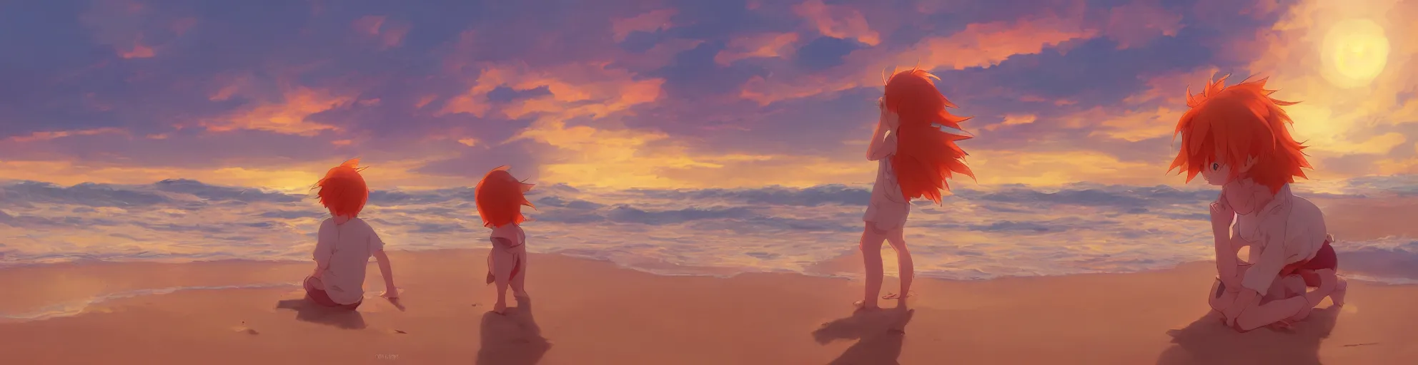 Image similar to beautiful, detailed digital painting of a orange-haired child playing on the beach and looking at the sunset, anime by Makoto Shinkai, sand, waves, trending on artstation