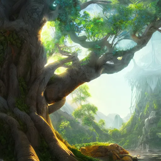 Prompt: a fantasy city within the giant branches of yggdrasil, illustration, bright sunlight, sun glints, sunrays, digital art, hyperrealistic, oil painting, fantasy, 8 k, trending on artstation, detailed