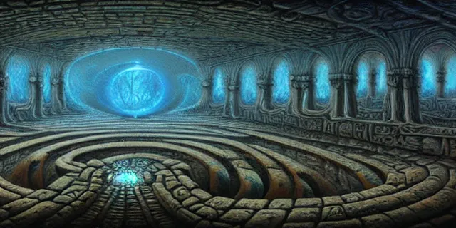 Image similar to painting of a ancient labyrinth in the style of nebulapunk by dan seagrave and tomasz alen kopera