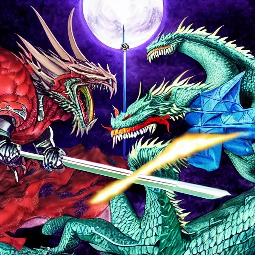 Image similar to dragon fight vs knight in green car with blue armor and a gold sword, berserk, manga