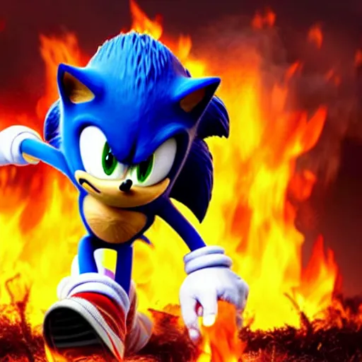 Prompt: Sonic the hedgehog committing arson, high quality award winning photograph