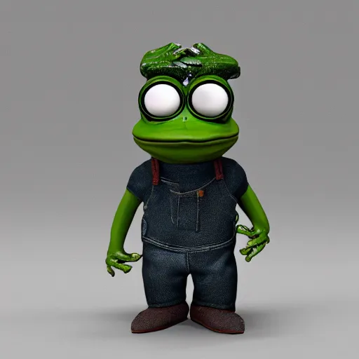 Image similar to perfectly accurate miniature figure of pepe the frog wearing jeans and a black leather jacket, soft textures, skin texture, clothing, 3d sculpture, textured, fine detail, lifelike, photo, high resolution, octane render, post processing, after effects, trending on artstation