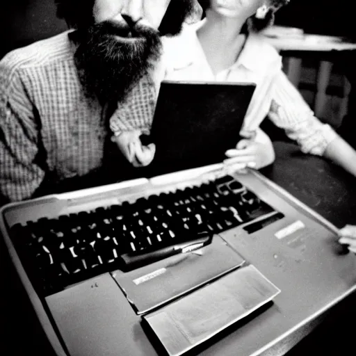 Image similar to a black and white photograph of a computer in love, by robert crumb, by jim henson, high contrast, soft lighting, surreal, film photography