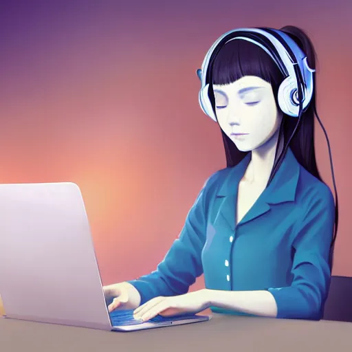 Image similar to a digital painting of a frowning beautiful anime girl with long silver hair with headphones and a face mask in coffeeshop working on her laptop, digital art, backlight, ilya kuvshinov, high detail, blue anime eyes