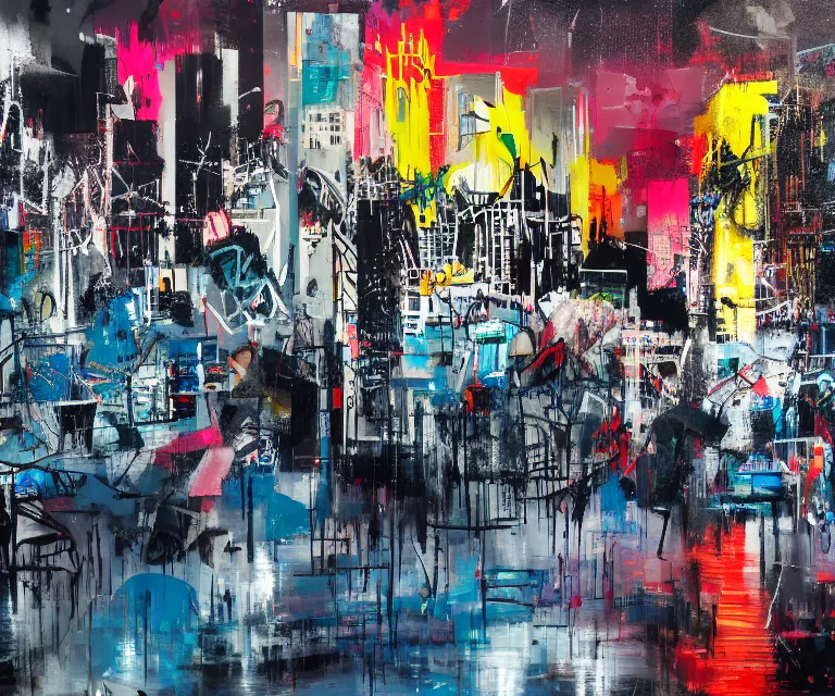 Image similar to acrylic and spraypaint of a metropolitan cityscape at night with wet pavement and reflections, graffiti wildstyle, large brush strokes, painting, paint drips, acrylic, clear shapes, spraypaint, smeared flowers, origami crane drawings, large triangular shapes, painting by ashley wood, basquiat, jeremy mann, masterpiece