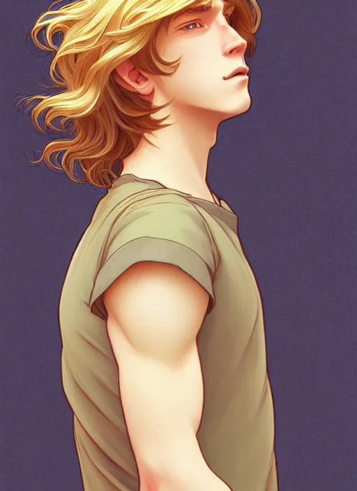 Image similar to pretty young man with shoulder length shiny shimmering golden blond hair, half body shot, path traced, highly detailed, high quality, digital painting, by studio ghibli and alphonse mucha, leesha hannigan, hidari, disney