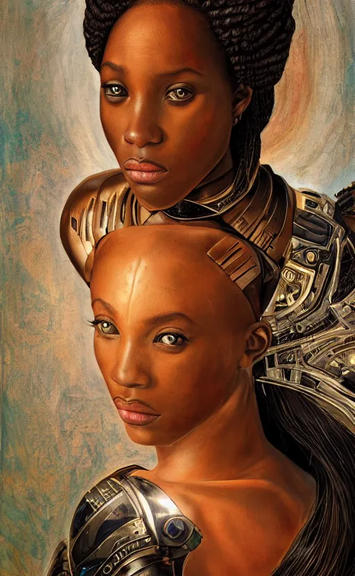 Prompt: young african cyborg queen, piercing glowing eyes, elegant, striking composition, highly detailed ornate sci fi background, highly detailed, beautiful composition, painting in the style of sandro botticelli, caravaggio, albrecth durer, 8k