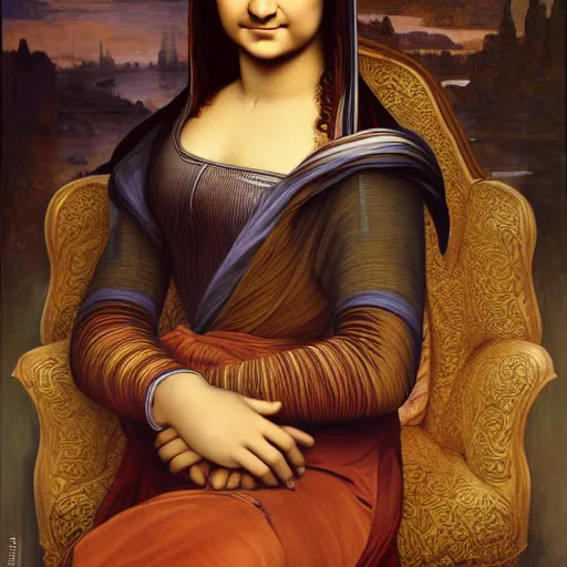 Prompt: Monalisa is sitting on her living room couch. She is dressed casually and is watching TV, Regal, Realistic, Refined, Detailed Digital Art, Josephine wall, Oil Painting, William-Adolphe Bouguereau, Art Frahm, Esao Andrews, Steampunk, Highly Detailed, Cinematic Lighting, Unreal Engine, 8k, HD