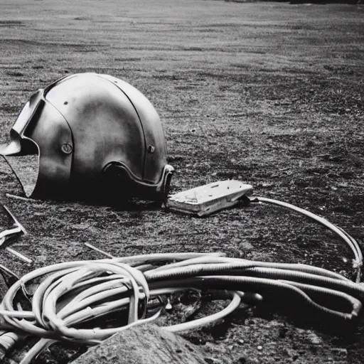 Image similar to wide angle photo of viking wearing space suit helmet and viking armor working on the antigravity gun ancient device, tools and junk on the ground,wires and lights, old village in the distance, vintage old photo, black and white, sepia