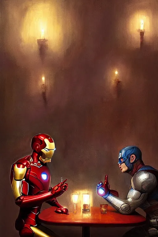 Prompt: iron man and captain america sit across from each other in a romantic restaurant, candlelit, style of greg rutkowski