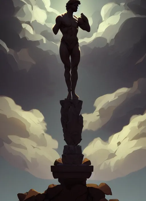 Prompt: stone statue of the greek god apollo in a dark landscape, epic lighting, in the style of artgerm and charlie bowater and atey ghailan and mike mignola, vibrant colors and hard shadows and strong rim light, comic cover art, plain background, trending on artstation