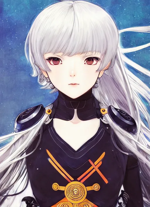 Image similar to ilya kuvshinov anime illustration knight girl in armor white hair, last exile, murata range, fine detail, perfect anime face, dramatic lighting, dynamic composition, ( ( ( gustav klimt ) ) ), art deco, cel shading, vivid, rich texture, yoshinari yoh, alphonse mucha, ( ( ( colorful ) ) )