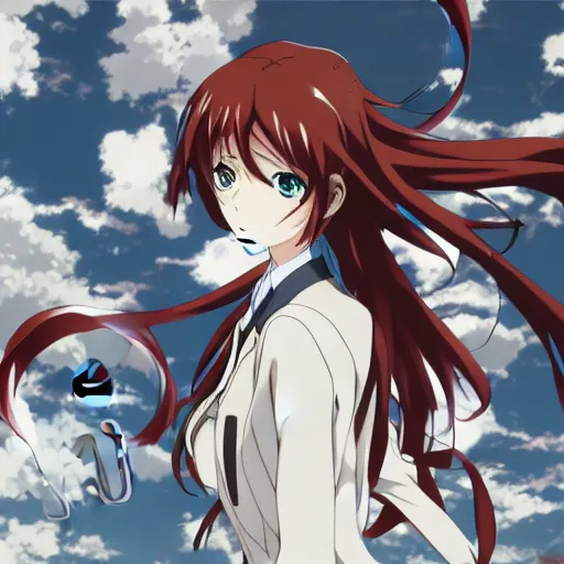 Image similar to Anime key visual of Kurisu from Steins;Gate, abstract clockwork background ,official media