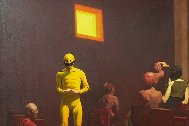 Prompt: yellow ranger, crowd screaming, an exposed picture in a roman theater is trying to be sold by an old man, in the style of beksinski, parts by edward hopper, parts by rodcenko, parts by yue minjun, intricate and epic composition, red by caravaggio, insanely quality, highly detailed, masterpiece, red light, artstation, 4 k