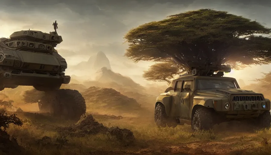 Image similar to a militarised suv designed by apple driving through african savanna, artgerm and greg rutkowski and alphonse mucha, an epic fantasy, volumetric light, detailed, establishing shot, an epic fantasy, trending on art station, octane render, midsommar