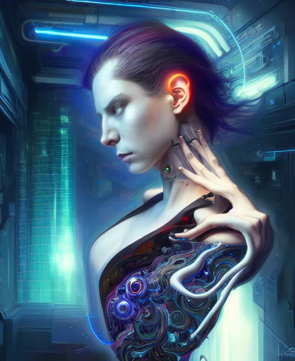 Image similar to a whirlwind of souls rushing inside the metaverse, hologram, half body, neurochip, shaved temple, piercing, jewelry, android, cyborg, cyberpunk face, by loish, d & d, fantasy, intricate, elegant, highly detailed, colorful, digital painting, artstation, concept art, art by artgerm and greg rutkowski and alphonse mucha