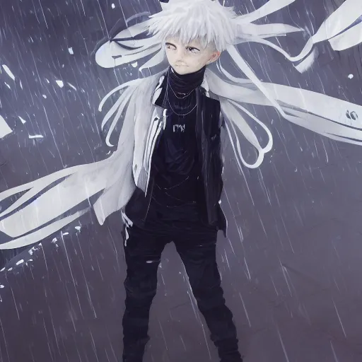 Prompt: killua zoldyck, rain, white hair, techwear, streetwear, cyberpunk style outfit, greg rutkowski, artgerm, ross tran, takato yomamoto, wlop, ilya kuvshinov, intricate complexity, detailed portrait, 4 k, cinematic lighting, artstation, sharp focus, smooth, makoto shinkai