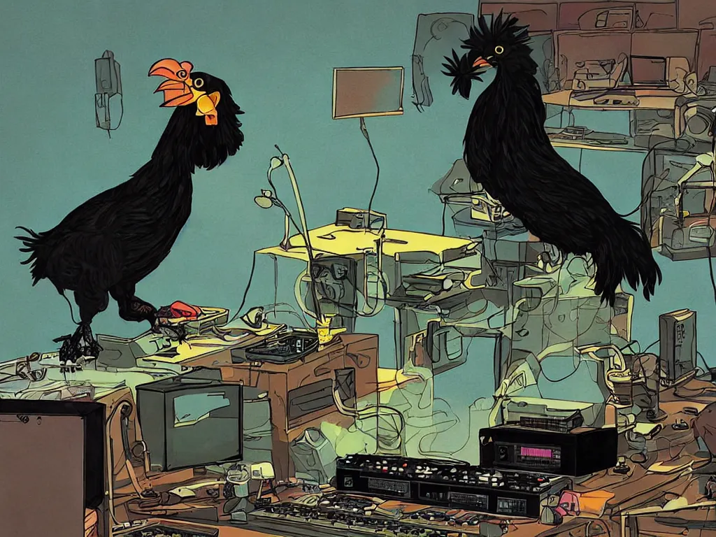 Image similar to 'black chicken'!!! smoking 'cannabis'!!!!!! in front of 'audio console'!!!! and 'multi monitors'!!!! 'in a hi-tech tv broadcasting studio'!!!!, artwork by James Gilleard