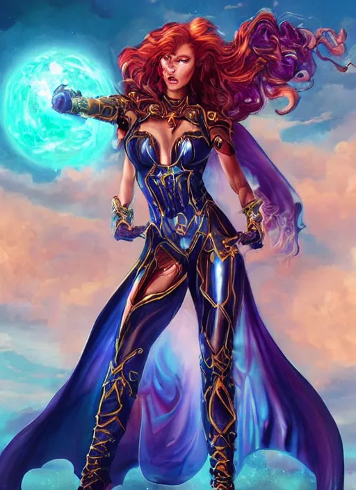 Image similar to front portrait hands behinds pose of attractive Starfire with ginger wavy hair, hands behind her pose!, Intricate overlay flames imagery , D&D!, fantasy style, sharp focus!, ultra detailed, art by Artgerm and Peter Andrew Jones, WLUP