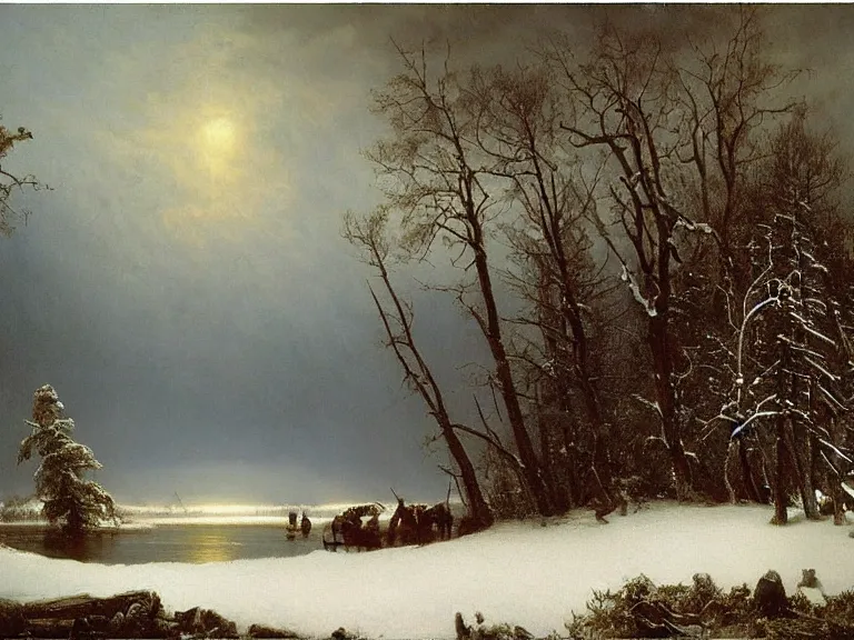 Image similar to Canadian Wilderness by Albert Bierstadt. Epic landscape, winter blizzard. Oil on Canvas. Private Collection