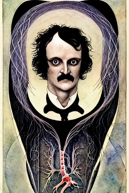 Prompt: realistic symmetrical portrait of edgar allen poe in the center of a frame of anatomical hearts, detailed art by kay nielsen and walter crane, illustration style, watercolor