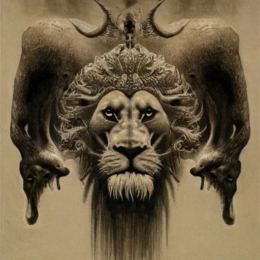 Image similar to god with with four faces : man, lion, eagle, bull. drawn by zdzislaw beksinski