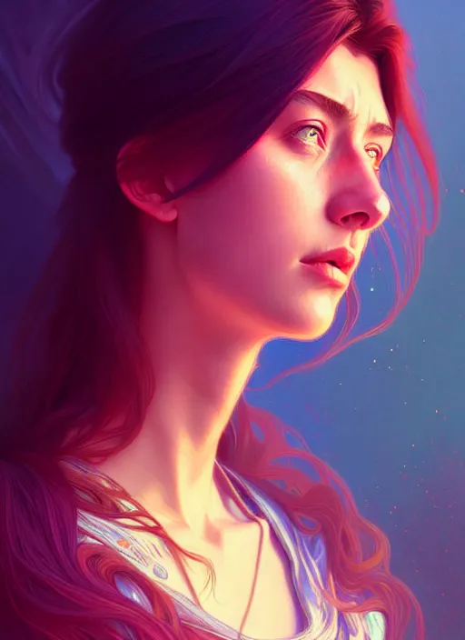 Image similar to handsome young women with shoulder length fire hair, half body shot, path traced, highly detailed, high quality, digital painting, alena aenami, lilia alvarado, shinji aramaki, karol bak, alphonse mucha, tom bagshaw