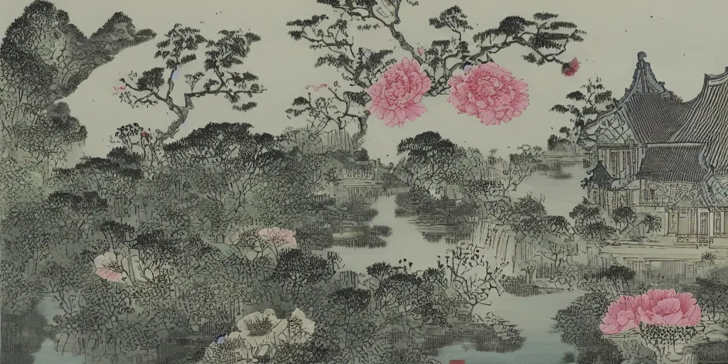 Image similar to summer manor with peony flowers and lake, chinese ink painting