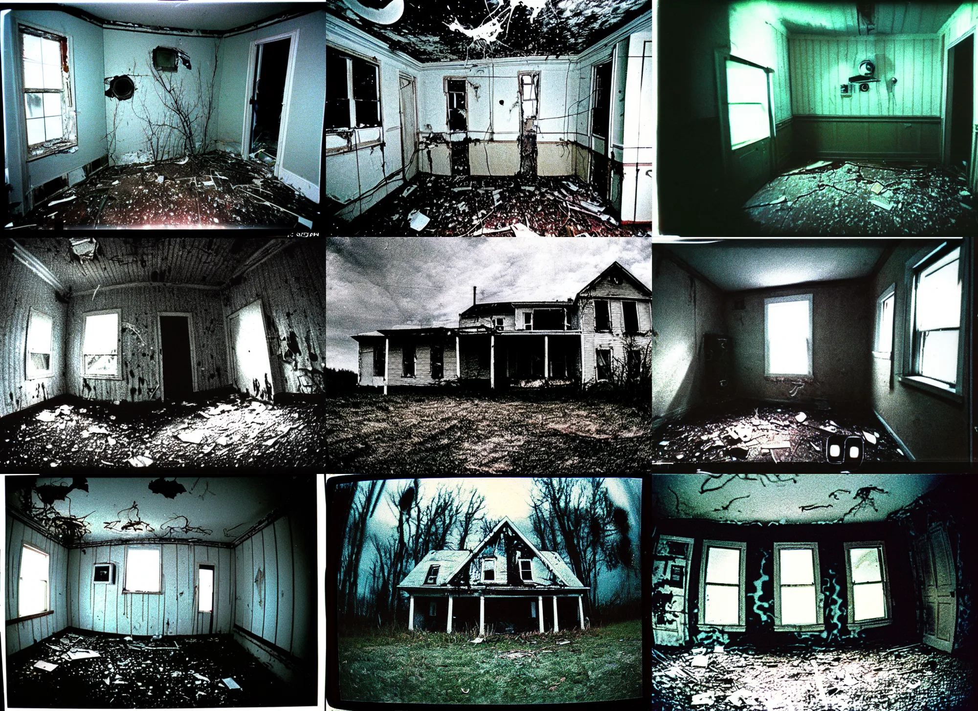 Prompt: 1 9 9 3, disposable camera, flash, pov, old abandoned house, ufo, aliens, slime, veins, wet