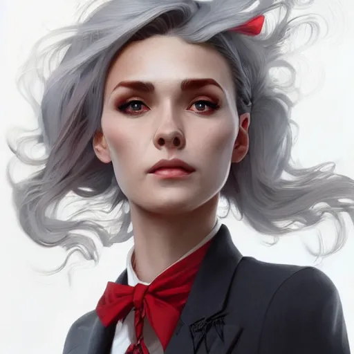 Image similar to a girl wearing a business suit, grey hair, red necktie, cinematic, stunning, highly detailed, digital painting, artstation, smooth, hard focus, illustration, art by artgerm and greg rutkowski and alphonse mucha